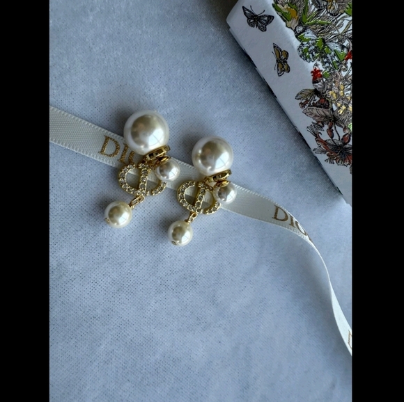 Authentic Christian Dior Gold and Pearl Tribales Drop Pierced Earrings - Picture 2 of 5